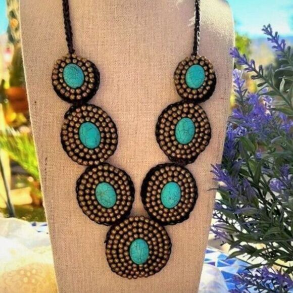 Turquoise Gold & Brown Medallion Handcrafted Crochet Necklace 22" 24" - Picture 2 of 13